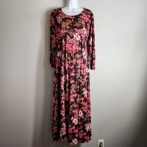 Handmade Womens Vintage 70s Plum Floral 3/4 Sleeve Maxi Dress-Size M